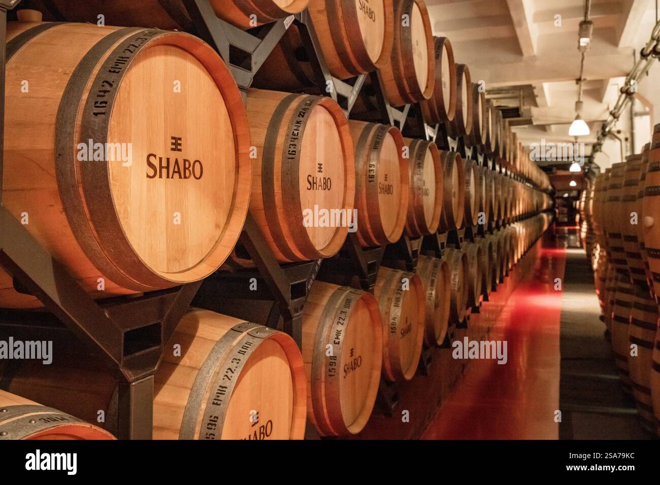 Eine Reihe Fässer mit dem Wort Shabo drauf. Die Fässer sind übereinander gestapelt Stockfoto