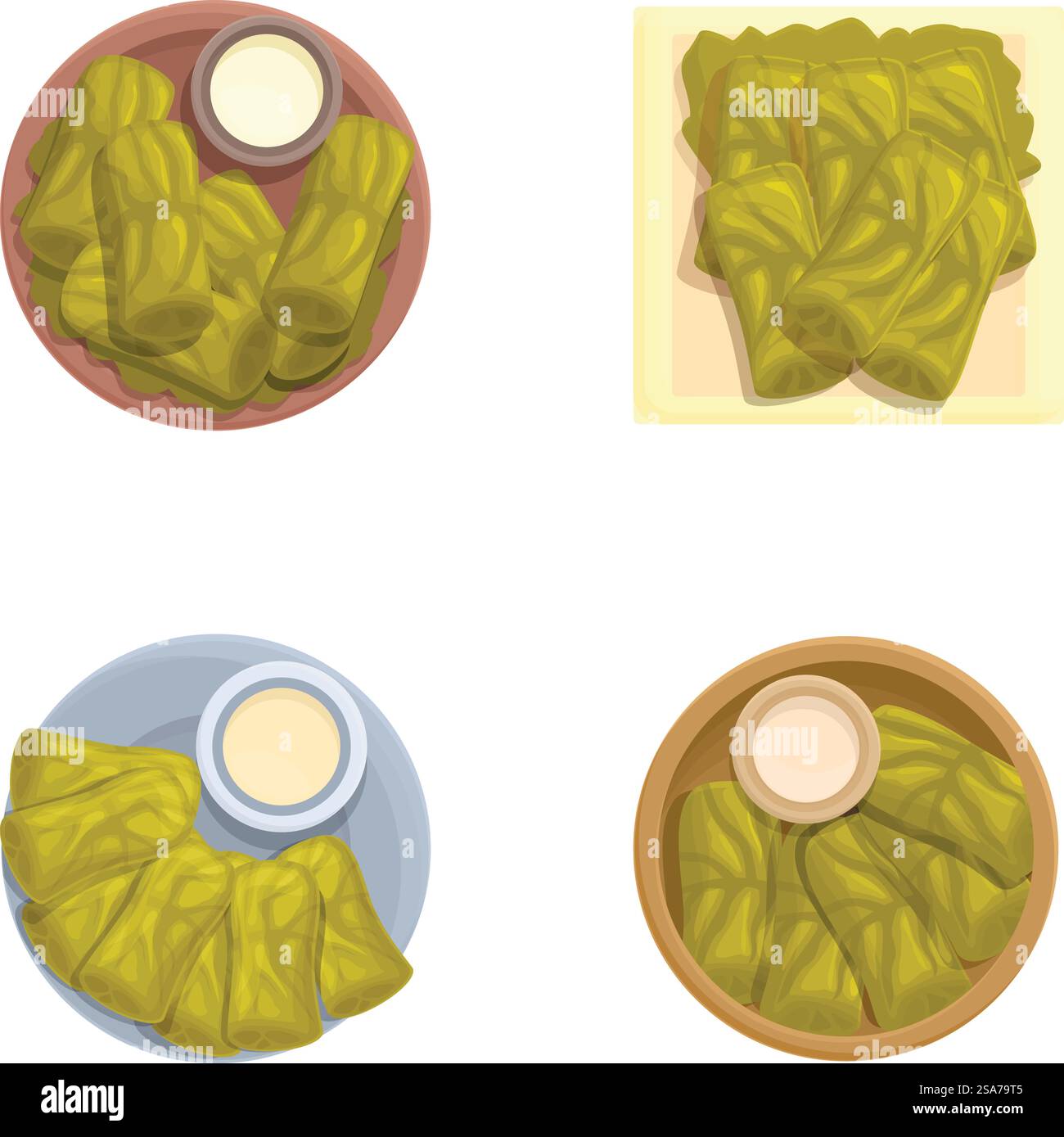 Illustration Set mit Kohlbrötchen gefüllt mit Fleisch oder Reis, serviert mit einer Sauce. Verschiedene Kohlbrötchen mit Soße auf Tellern Stock Vektor