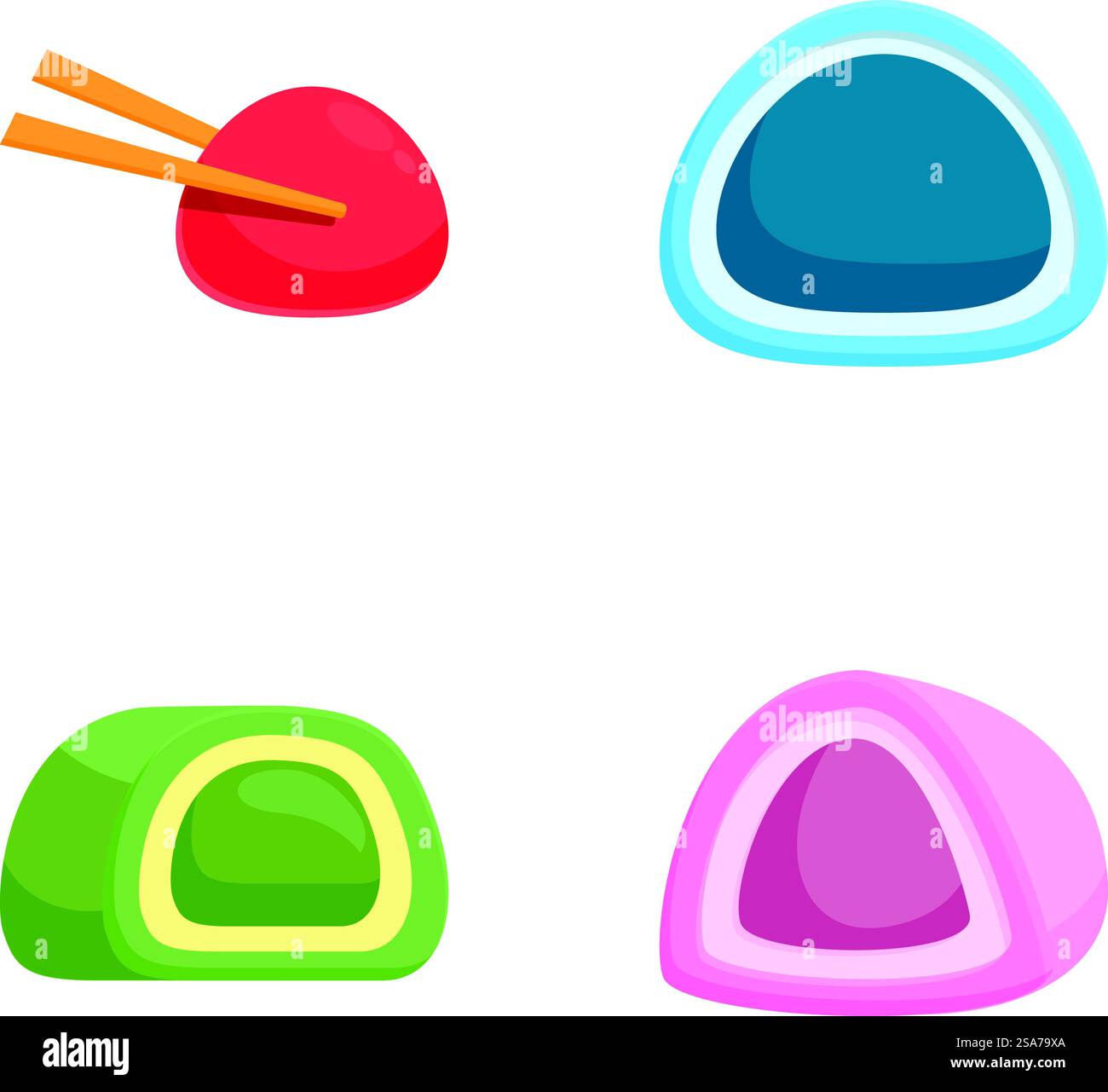 Farbenfrohe Vektorillustrationen traditioneller japanischer Wagashi-Leckereien. Verschiedene japanische Süßigkeiten Vektor-Set Stock Vektor