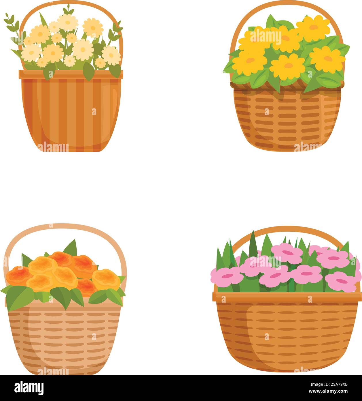 Set mit vier illustrierten Körben gefüllt mit verschiedenen leuchtenden Blumen, isoliert auf weiß. Sammlung von bunten Blumenkörben Illustration Stock Vektor