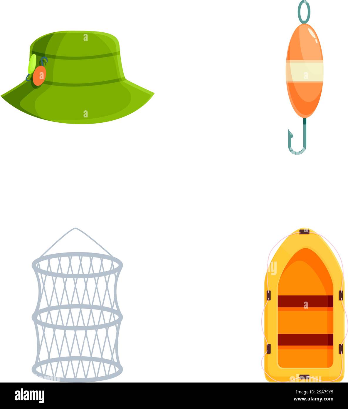 Sammlung von vier farbenfrohen flachen Ikonen mit Angelausrüstung, Hut, Haken, Fischfalle und Rucksack. Set von Symbolen für Fanggeräte Stock Vektor
