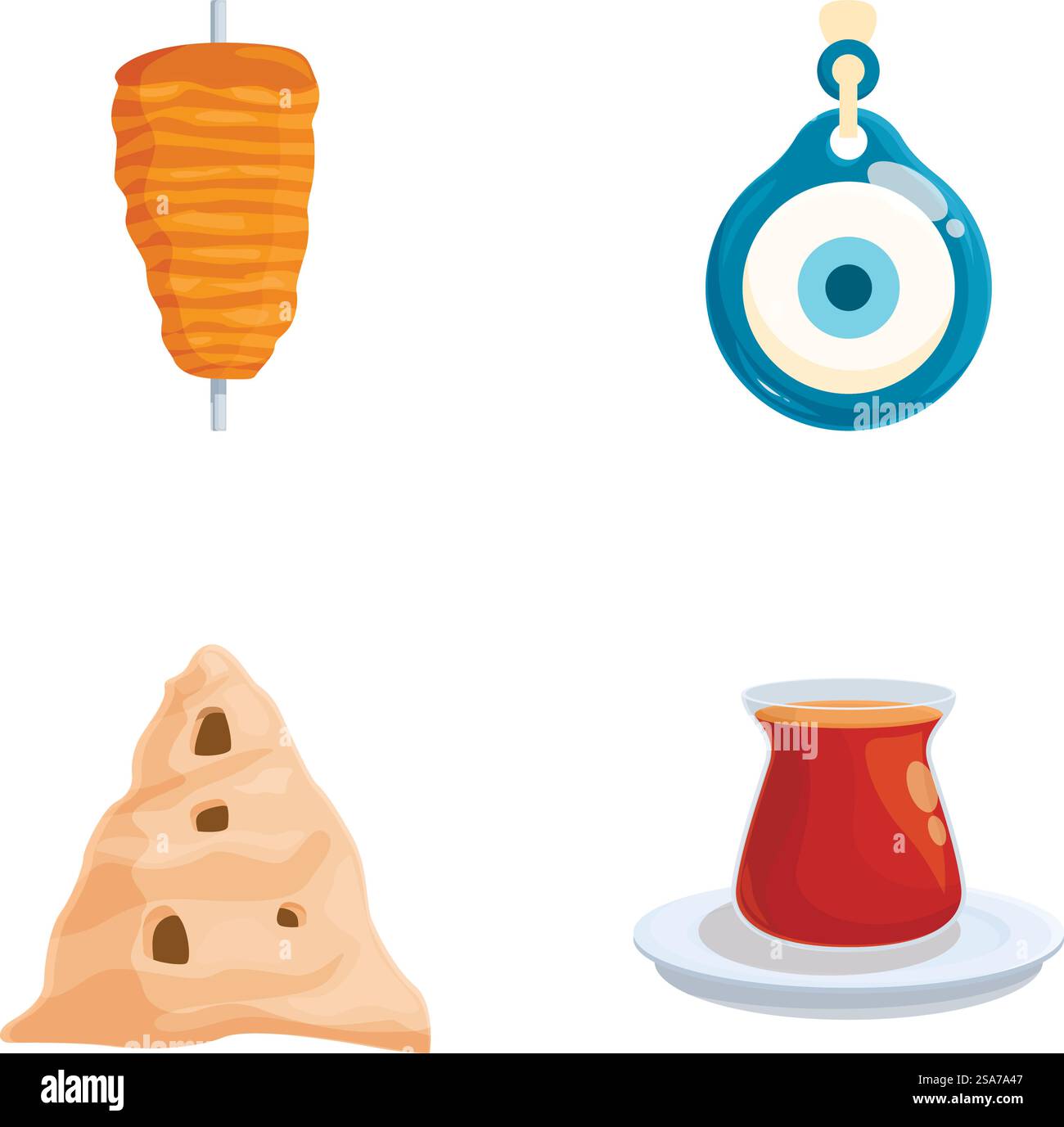 Illustration mit Ikonen der türkischen Kultur einschließlich Döner, Evil Eye, Felsformationen und türkischem Kaffee. Türkische Kultur Vektorsymbole gesetzt Stock Vektor