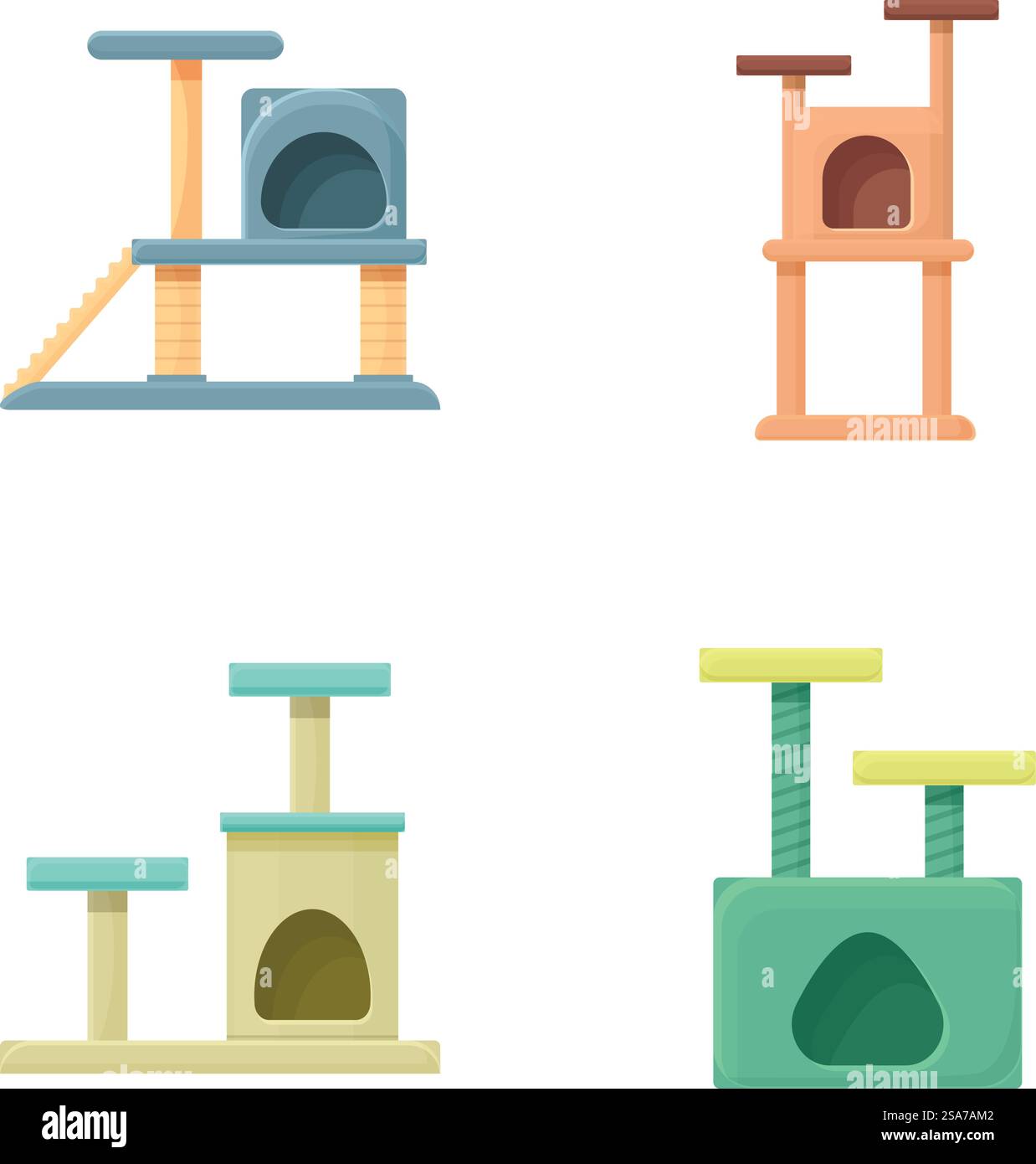 Katzenturm-Symbole setzen Cartoon-Vektor. Kratzbaum und Katzenhaus. Sortiment an Tierhäusern. Katzenturm-Symbole setzen Cartoon-Vektor. Kratzbaum und Katzenhaus Stock Vektor