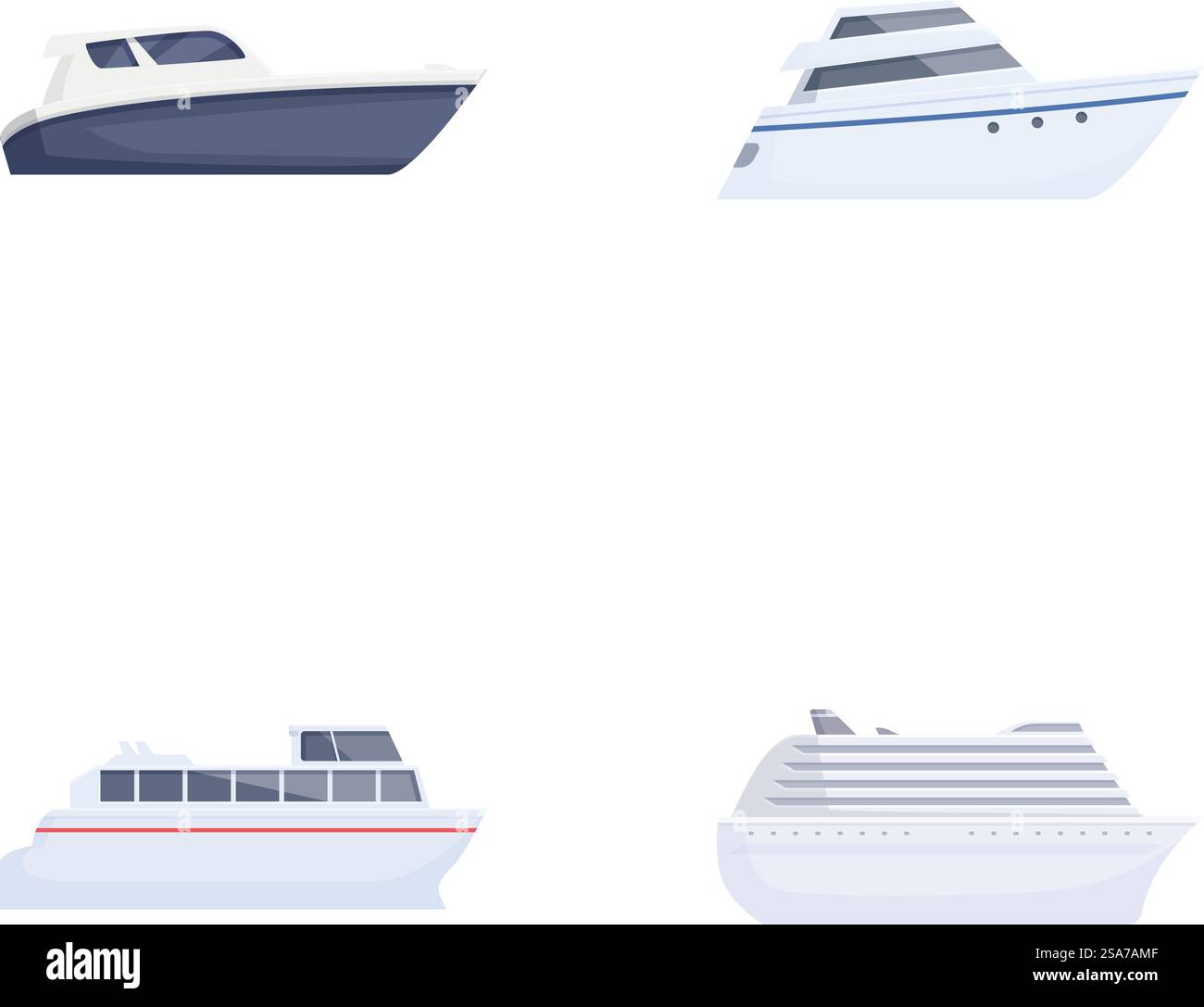 Sammlung von Vektorillustrationen mit verschiedenen Boot- und Schiffsdesigns auf weißem Hintergrund. Set mit verschiedenen Arten von Booten und Schiffsdarstellungen Stock Vektor