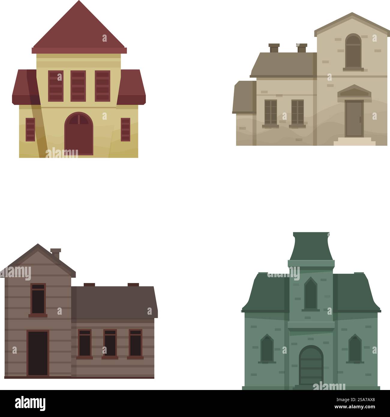 Sammlung von vier Einzelhäusern im Cartoonstil mit verschiedenen architektonischen Entwürfen. Set aus vier Häusern im Cartoon-Stil Stock Vektor