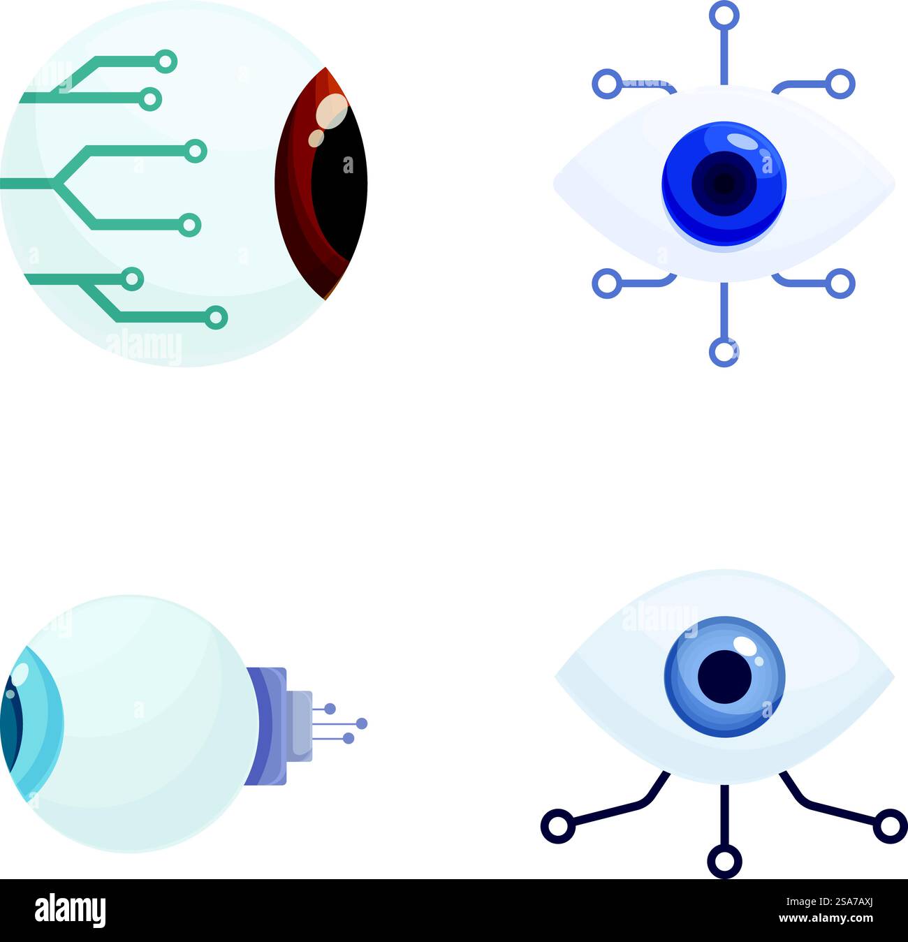Sammlung von vier stilvollen Symbolen, die verschiedene Augendesigns darstellen, die in digitale und elektronische Elemente integriert sind. Set aus vier modernen Symbolen für die Augentechnologie Stock Vektor