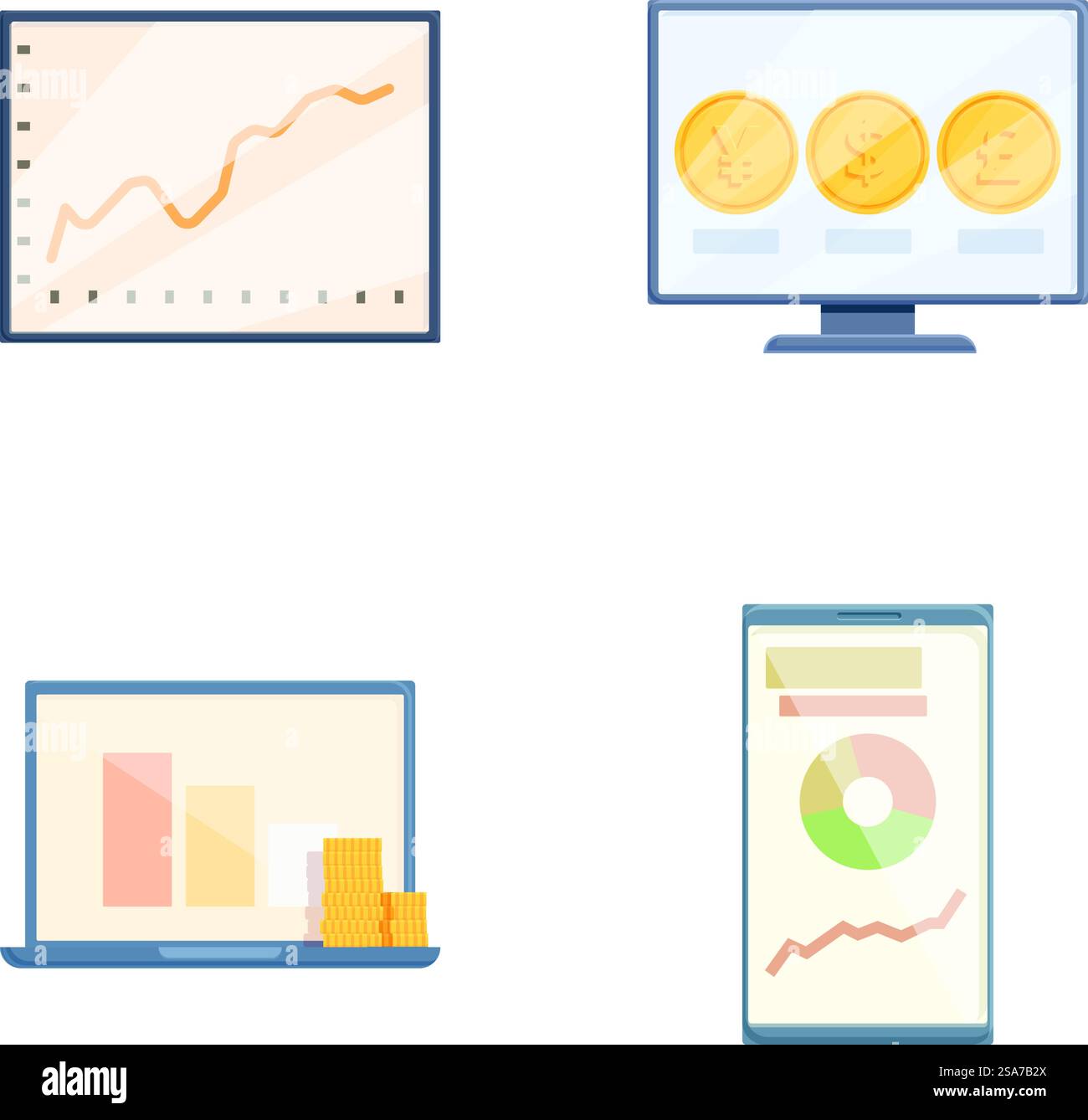 Set aus vier flachen Designsymbolen, die Finanzanalysen und Kryptowährungen auf digitalen Displays darstellen. Verschiedene Symbole für Finanzanalysen festgelegt Stock Vektor