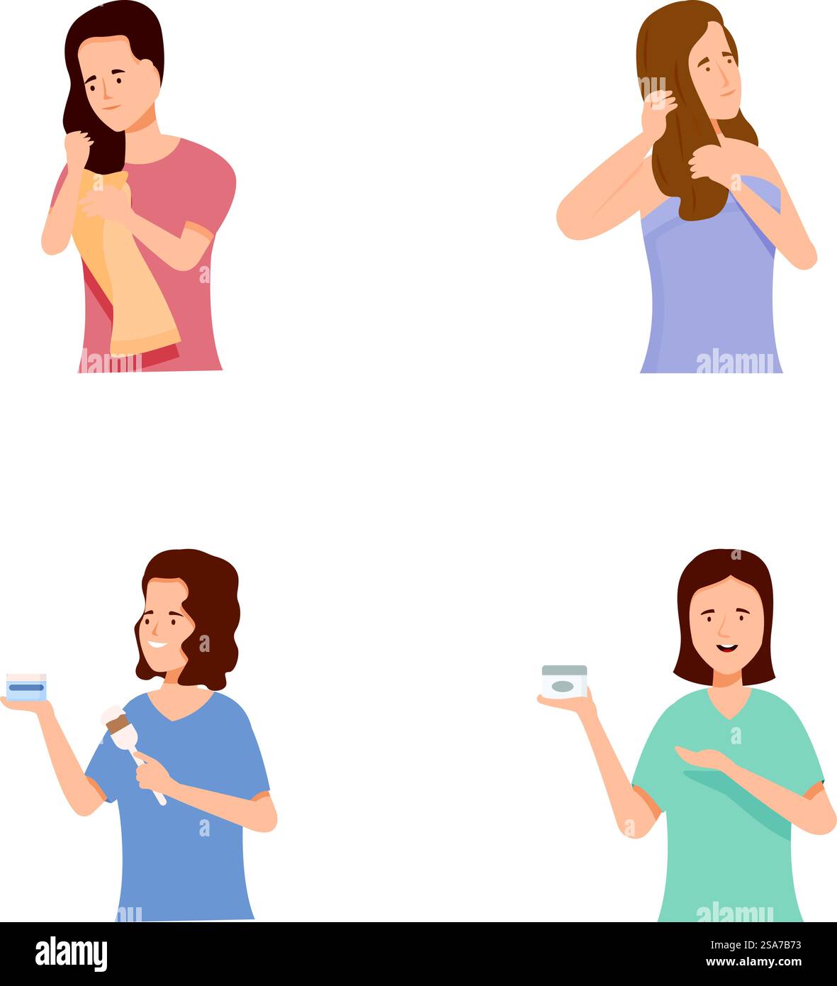 Eine Reihe von Illustrationen zeigt eine Frau, die verschiedene Emotionen zeigt und verschiedene Aktionen ausführt. Frau, die verschiedene Emotionen und Handlungen ausdrückt Stock Vektor