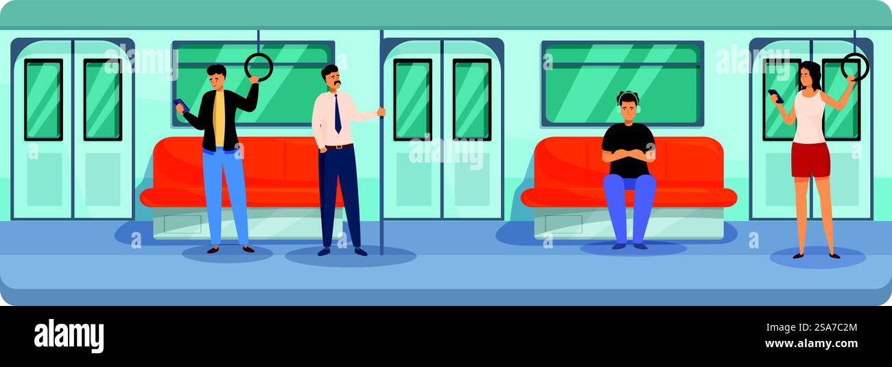 Personen, die öffentliche Verkehrsmittel nutzen, fahren Innenpassagiere mit moderner Straßenbahn und leeren unterirdischen Wagen. Passagiere nutzen öffentliche Verkehrsmittel und warten auf ihren Bahnhof Stock Vektor