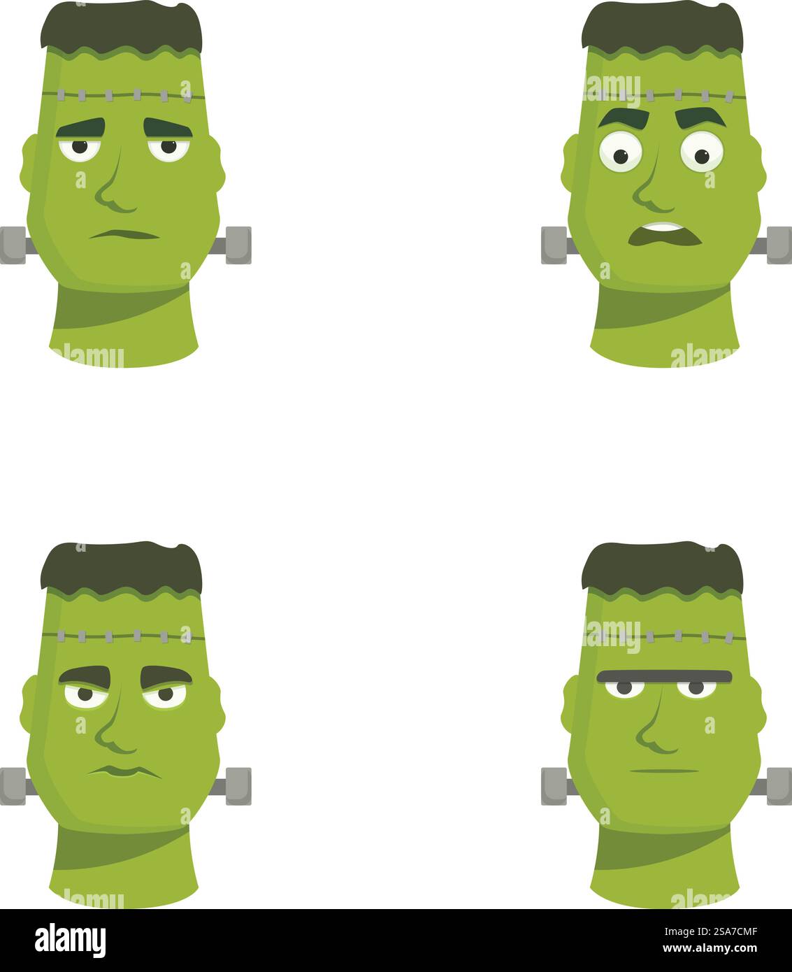 Sammlung von vier Cartoon-frankenstein-Köpfen mit unterschiedlichen Gesichtsausdrücken. Cartoon frankenstein Monster Gesichter Set Stock Vektor