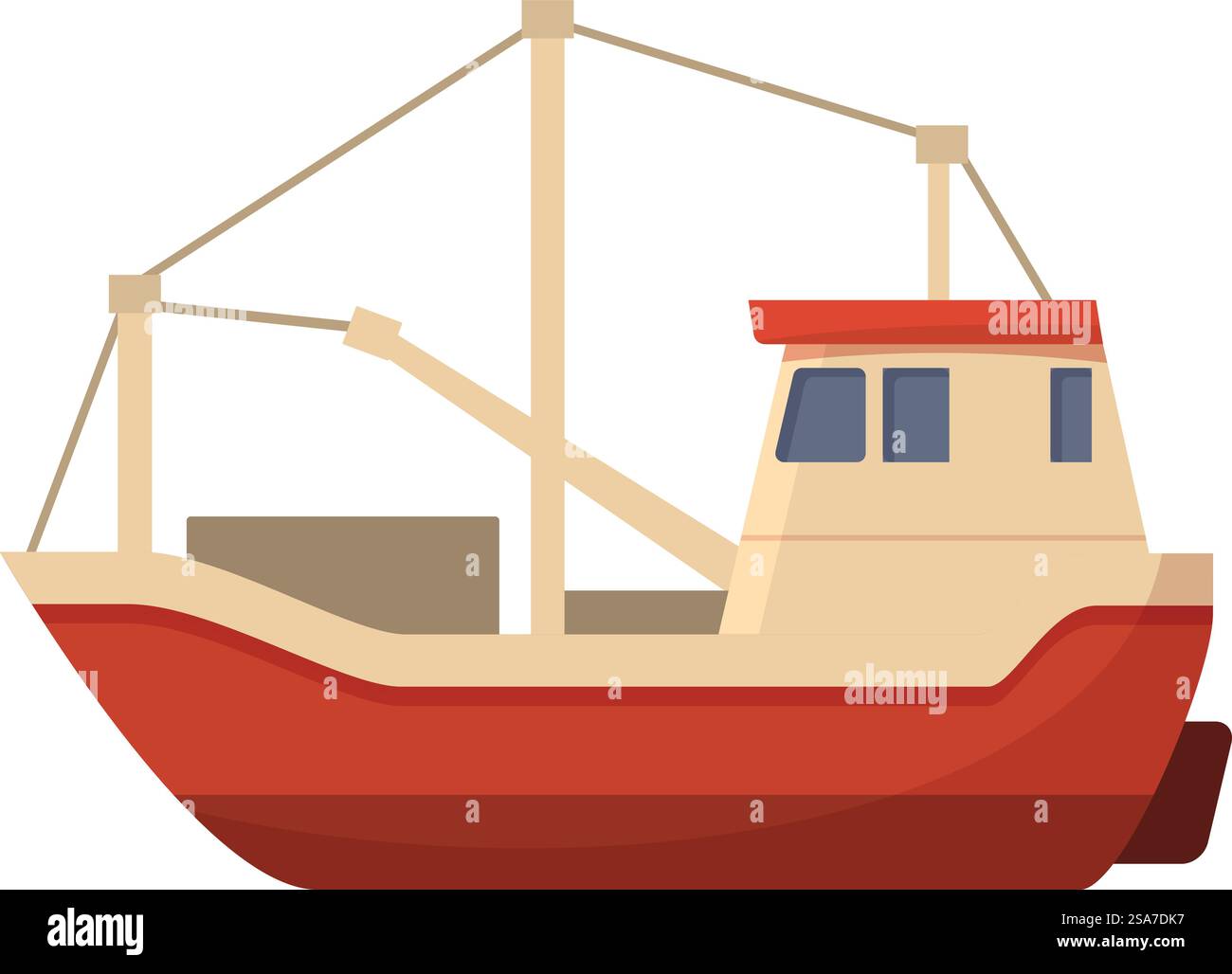 Rotes Fischerboot auf dem Wasser, mit leerem Frachtraum, bereit für die Angelexpedition. Rotes Fischerboot schwimmt auf dem Wasser mit leerem Frachtraum Stock Vektor