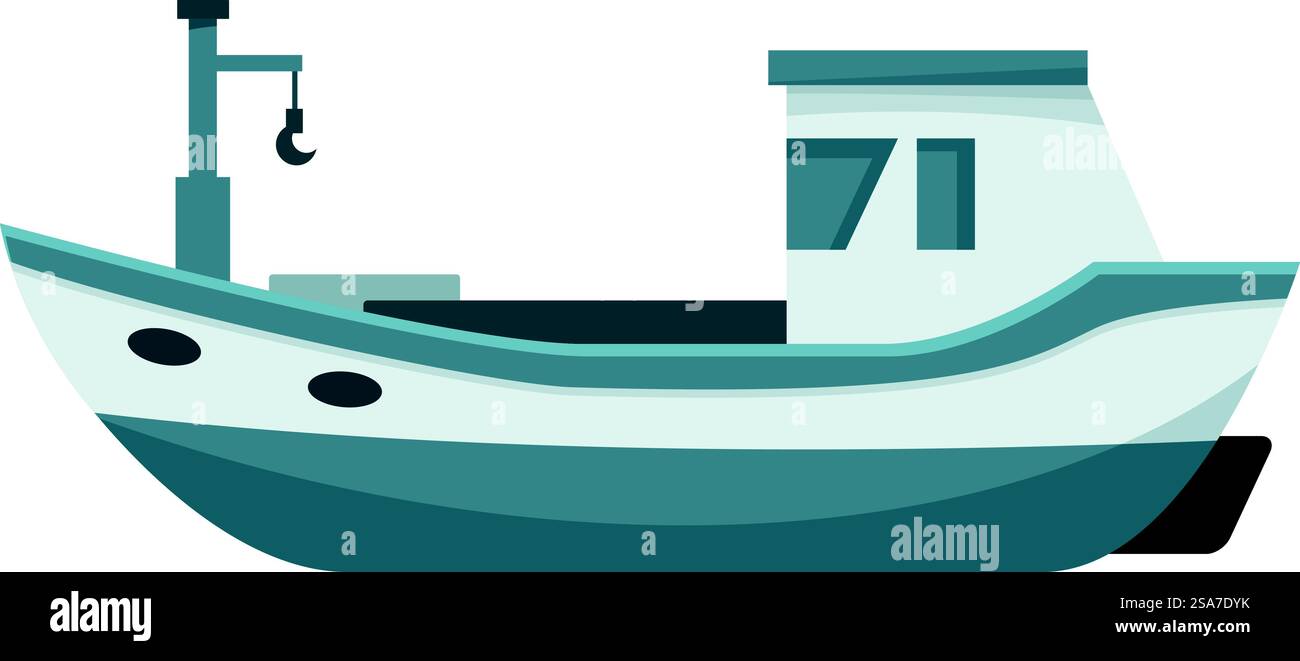 Kleines Fischerboot, das auf dem Wasser schwimmt, mit Haken, Seitenansicht, Konzept der Meeresindustrie. Kleines Fischerboot schwimmt auf dem Wasser mit Haken Stock Vektor
