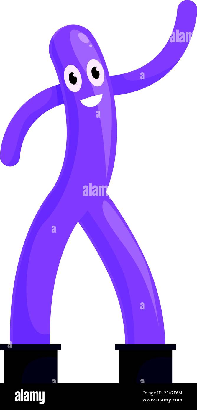 Lila wacky winkende aufblasbare Tube Mann, der tanzt und grüßt. Aufblasbarer Schlauchmann tanzt und winkt mit einem großen Lächeln Stock Vektor