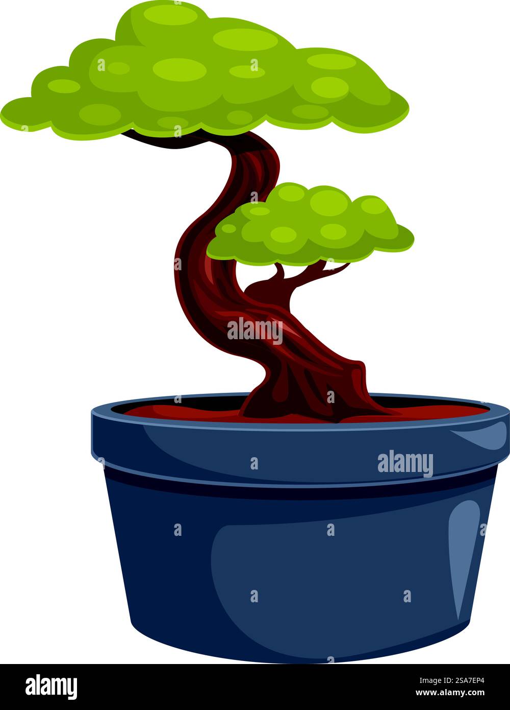 Kleiner Bonsaibaum mit einem gebogenen Stamm, der in einem Topf wächst. Kleiner Bonsaibaum, der in einem Topf wächst Stock Vektor