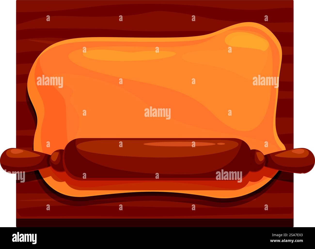 Teig zum Backen auf Holzbrett mit Rollstift liegend. Auf Teig liegender Rollstift zum Backen auf Holzbrett Stock Vektor