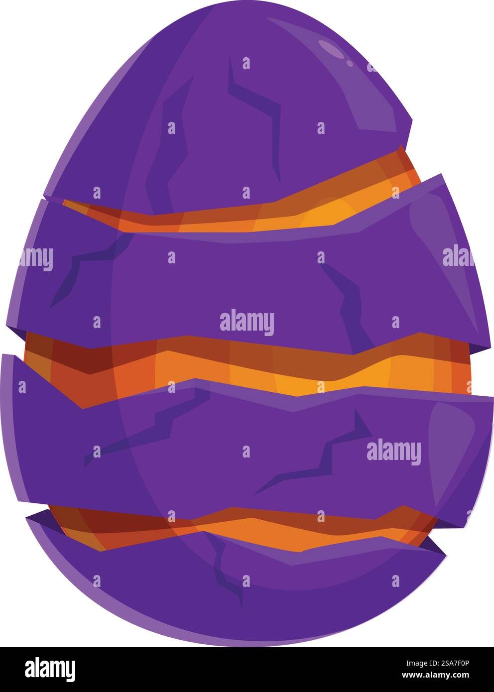 Lila Drachenei schlüpft mit orange glühenden Rissen isoliert auf weißem Hintergrund. Das lila Drachenei bricht auf und offenbart ein leuchtendes orangefarbenes Licht von innen Stock Vektor