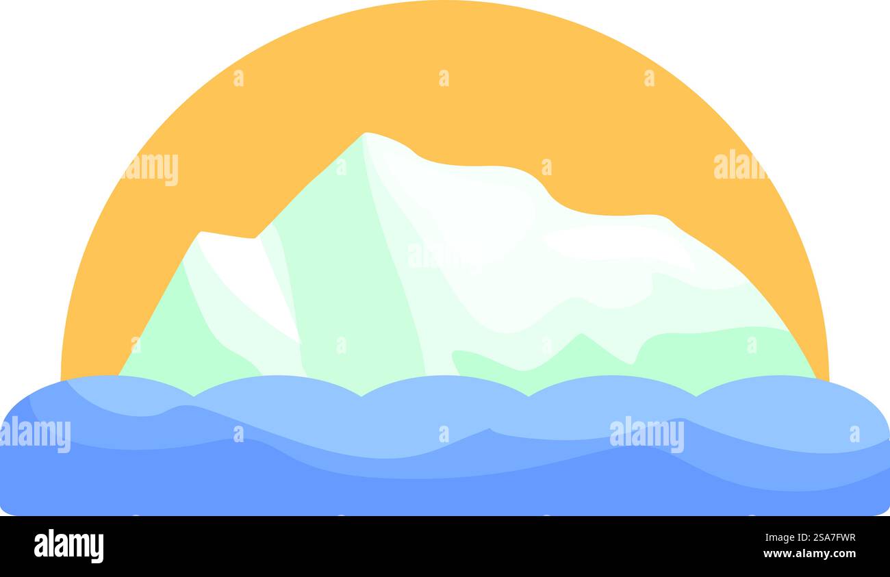 Illustration eines großen Eisbergs, der auf dem Wasser unter einem Sonnenuntergang schwimmt. Großer Eisberg, der unter Sonnenuntergang auf dem Wasser schwimmt Stock Vektor