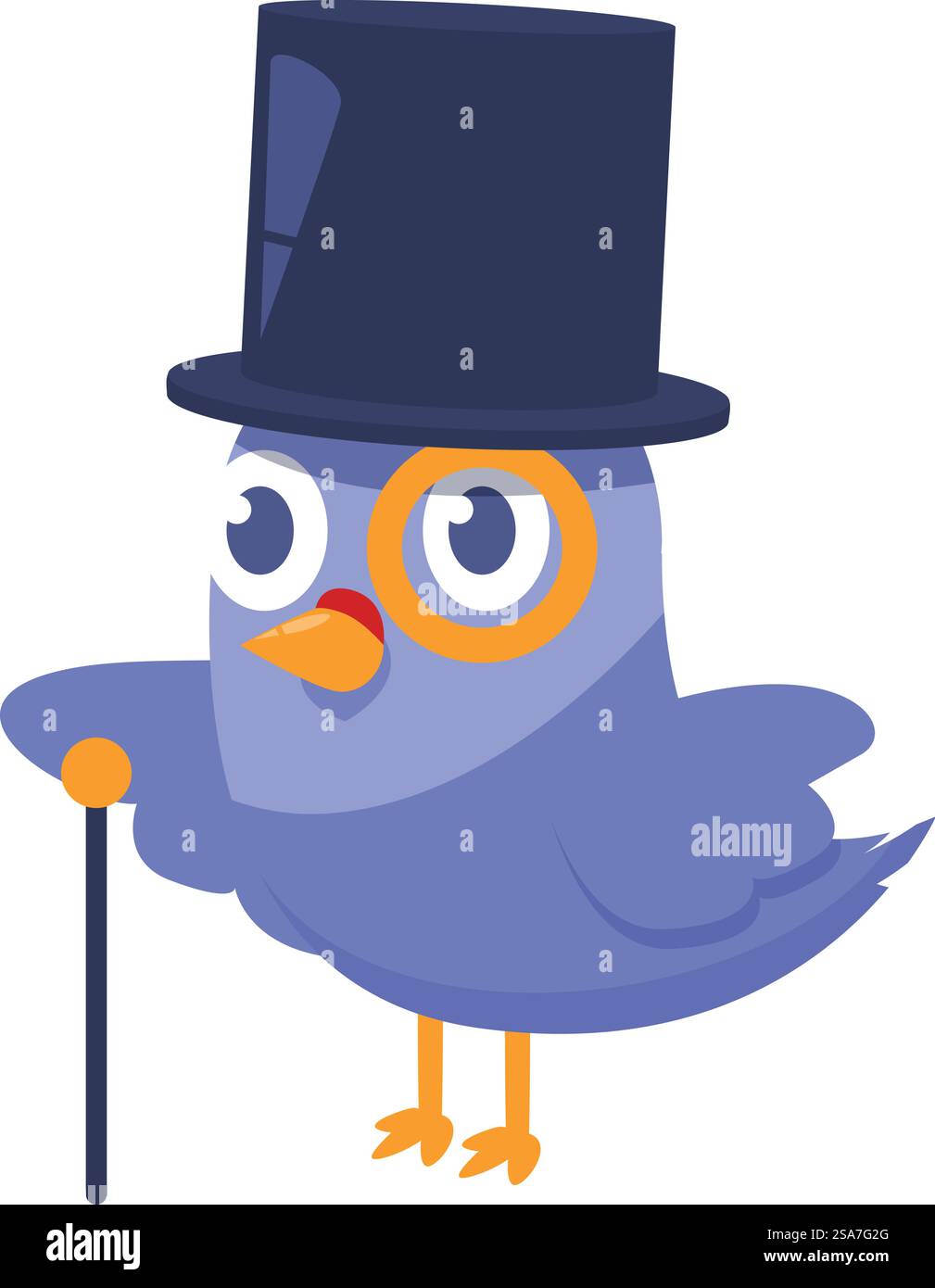 Lustiger Zeichentrickvogel, der ein Monokel und einen Hut trägt und einen Stock hält. Cartoon Bluebird trägt ein Monokel und einen Hut mit einem Stock Stock Vektor