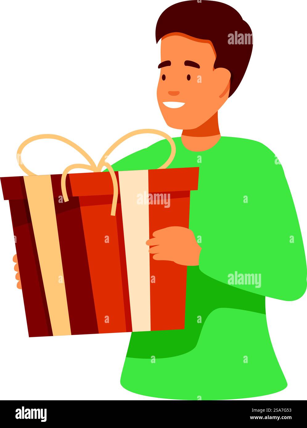 Ein lächelnder Mann, der eine große Geschenkbox hält. Glücklicher Mann, der eine große Geschenkbox hält Stock Vektor