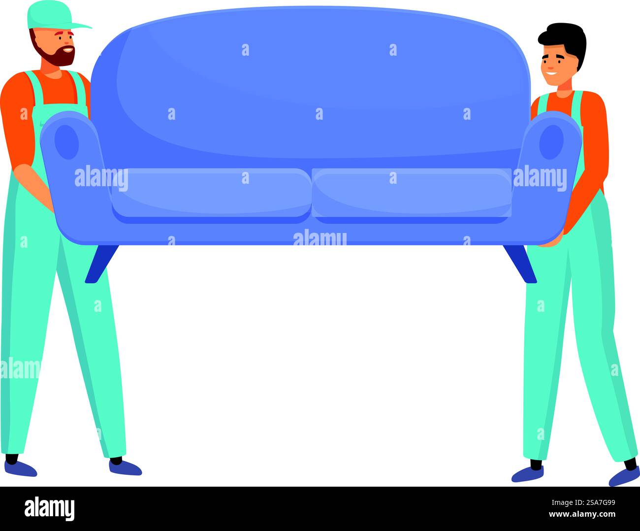 Zwei Umzugspersonen tragen ein Sofa, Umzugspersonal und Umzugspersonal. Zwei Umzugswagen mit Sofa, Illustration des Umzugsservice Stock Vektor