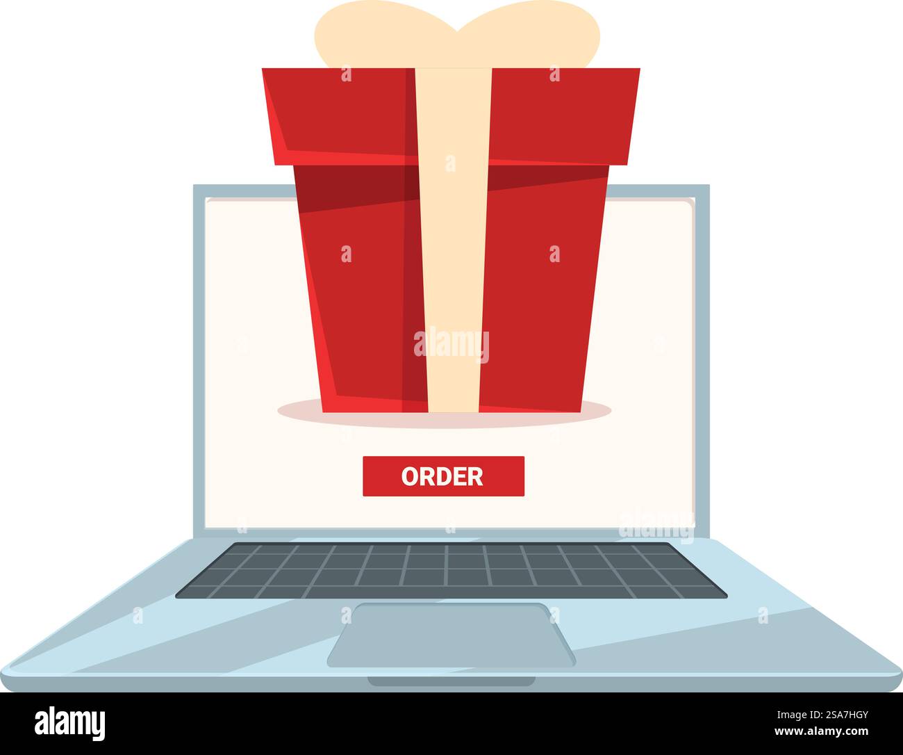 Online-Shopping-Konzept mit einer großen roten Geschenkbox auf einem Laptop-Bildschirm. Online-Shopping-Konzept, große rote Geschenkbox erscheint vom Laptop-Bildschirm Stock Vektor