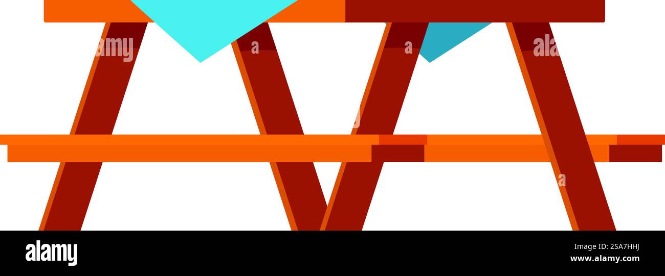 Einfacher Picknicktisch aus Holz mit blauer Tischdecke für Entspannung, Essen und Freizeit im Freien. Picknicktisch aus Holz mit blauer Tischdecke auf weißem Hintergrund Stock Vektor