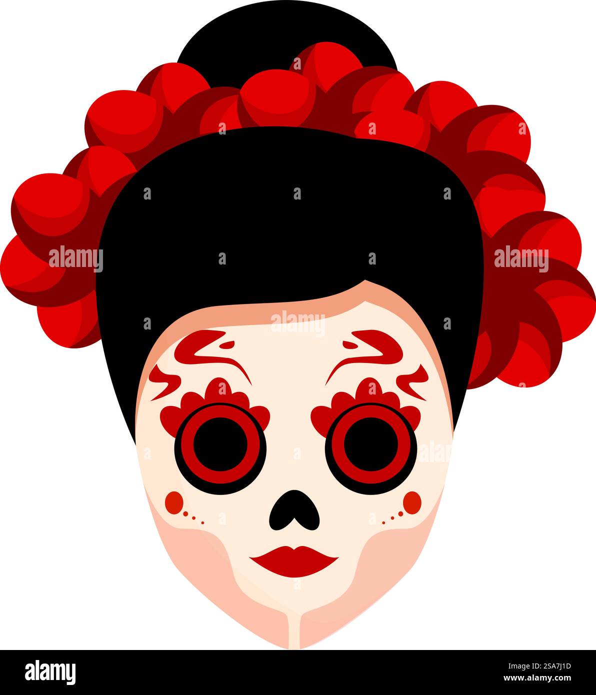 Frau mit traditionellem Calavera-Make-up für den Tag der Toten mit roten Blumen im Haar. Frau mit Calavera-Make-up für Tag der Toten-Feier posiert Stock Vektor