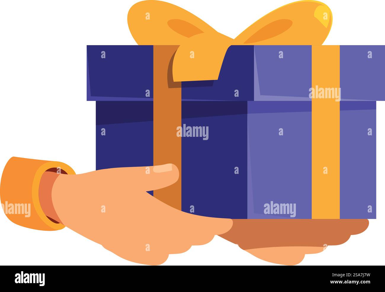 Die Person hält eine große blaue Geschenkbox mit einem gelben Band. Eine Person, die eine große blaue Geschenkbox mit gelbem Band hält Stock Vektor