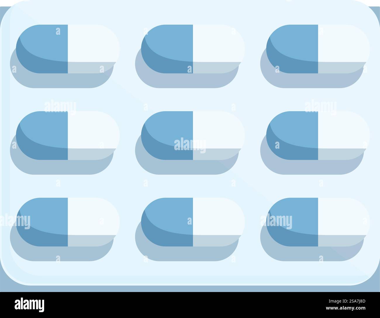 Blisterpackung mit blauen und weißen Kapseln zur praktischen und sicheren Aufbewahrung und Abgabe von Medikamenten. Blisterpackung mit blauen und weißen Kapseln für die medizinische Behandlung Stock Vektor