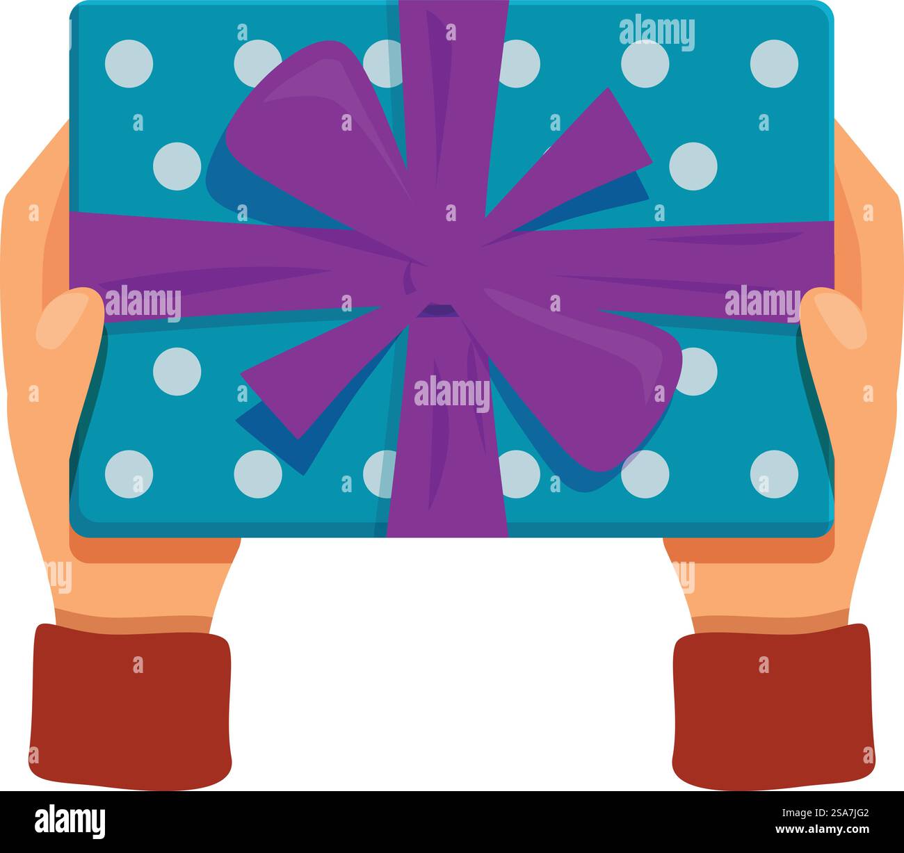 Eine Person, die ein großes Geschenk in blauem Papier und einem lila Band hält. Hände, die ein großes Geschenk halten, ein Geschenk für einen besonderen Anlass geben Stock Vektor