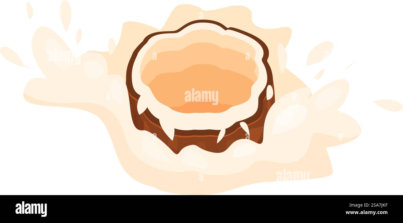 Kokosnussmilch spritzt um Kokosnussschale auf weißem Hintergrund. Kokosnussmilch spritzt um die Kokosnussschale Stock Vektor