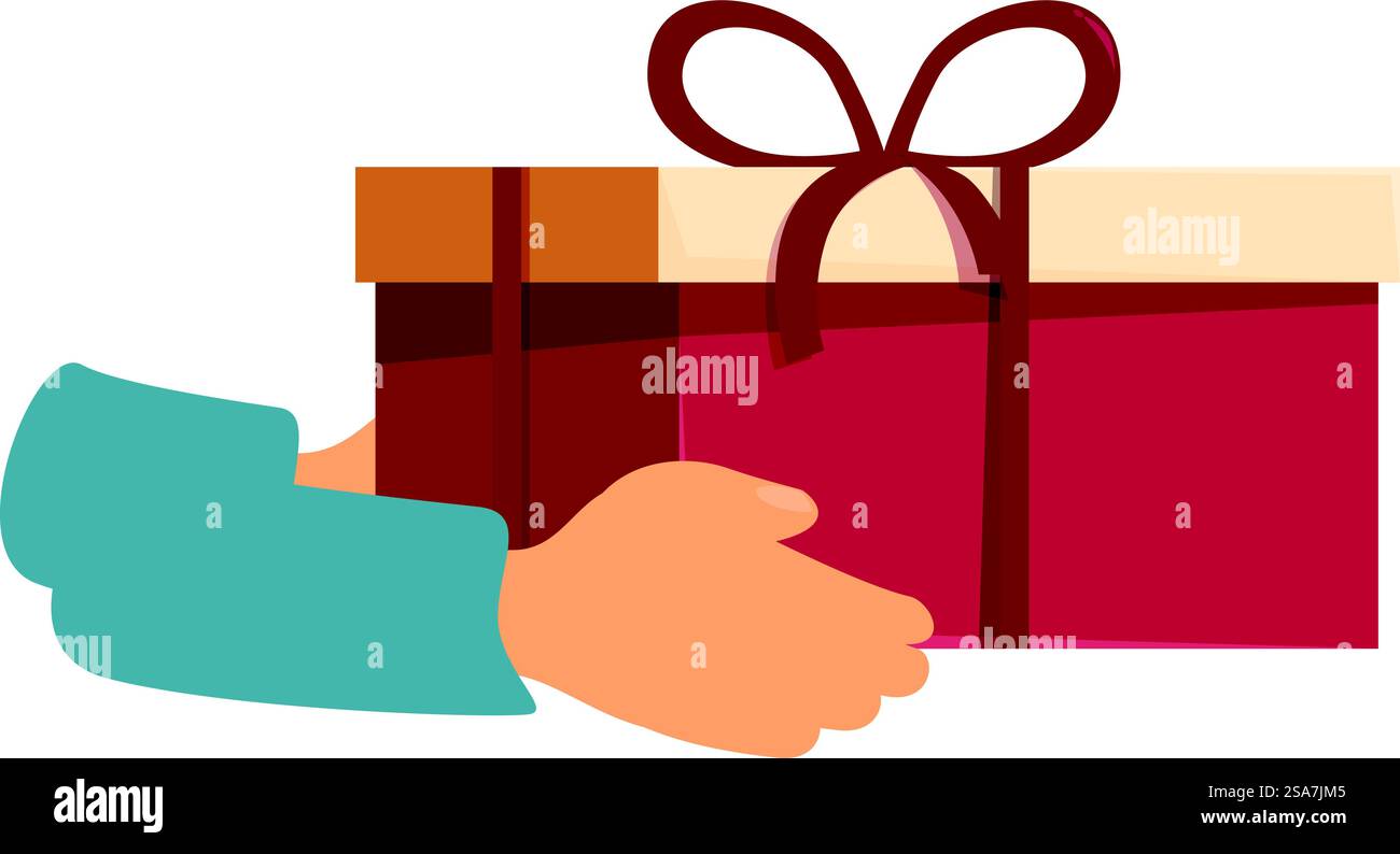 Der Kurier hält eine große Geschenkbox mit einem Band und liefert ein Paket an einen Kunden. Der Kurier hält eine große Geschenkbox mit Band, die das Paket an den Kunden sendet Stock Vektor