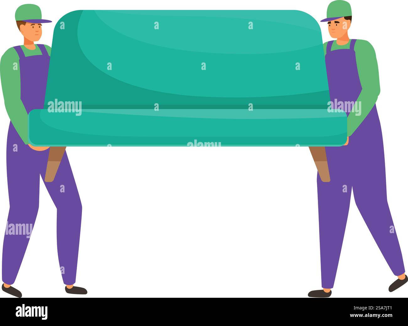 Zwei Uniformen tragen ein Sofa, Lieferservice-Konzept. Zwei Umzugswagen mit Sofa, Illustration des Umzugsservice Stock Vektor
