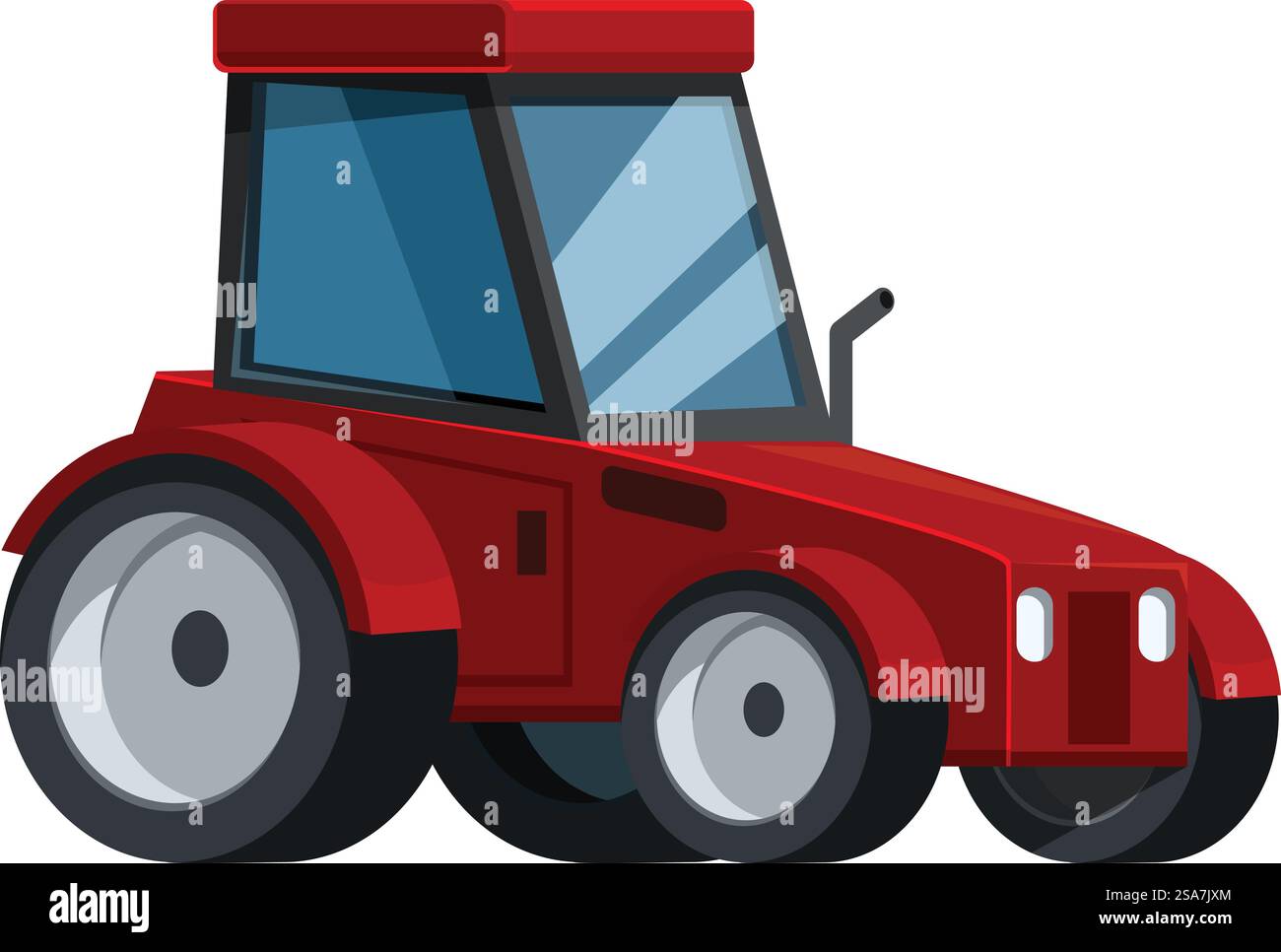 Rot moderner leistungsstarker Landwirtschaftstraktor im Leerlauf, Landmaschinen für Feldarbeiten. Rot, moderner, leistungsstarker Farmtraktor, der im Leerlauf steht Stock Vektor