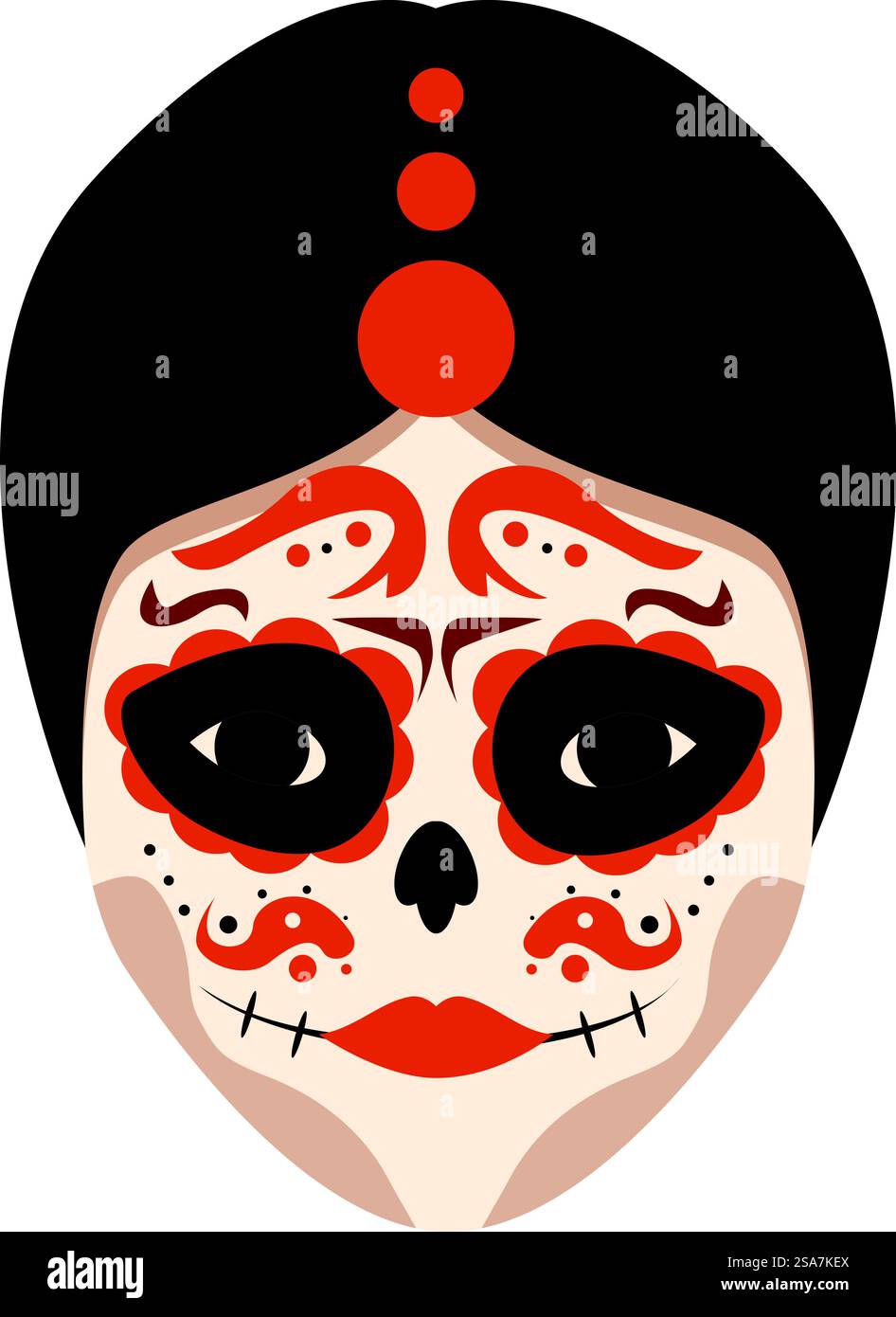 Frau mit traditionellem Calavera-Make-up, die den Tag der Toten feiert. Frau mit traditionellem Calavera-Make-up für die Feierlichkeiten zum Tag der Toten Stock Vektor