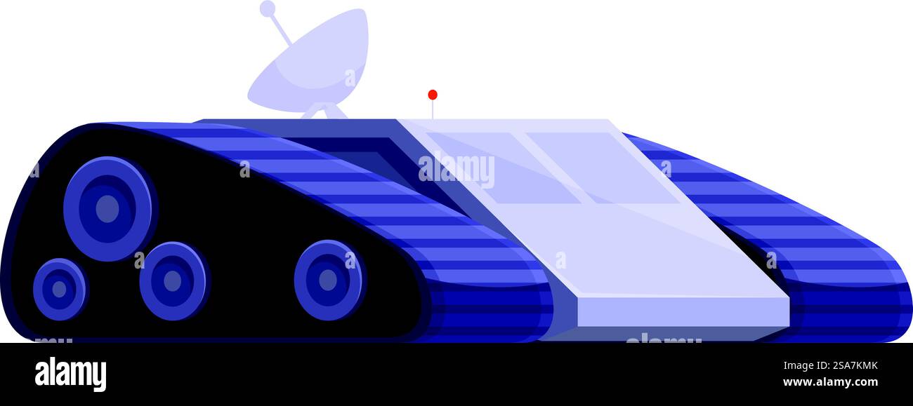 Autonomes Fahrzeug, das einen Planeten erforscht und mit seiner Antenne Daten für die Weltraumforschung sammelt. Moon rover bewegt sich auf der Oberfläche des Planeten mit Satellitenantenne Stock Vektor