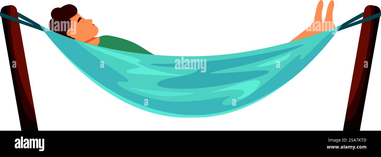 Der Mann genießt seinen Sommerurlaub, liegt auf einer Hängematte zwischen zwei Palmen. Mann, der sich im Sommerurlaub auf einer Hängematte zwischen zwei Palmen entspannt Stock Vektor