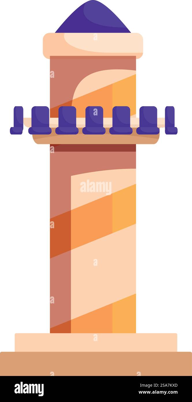 Farbenfrohe Fahrt mit dem Fallturm steht still und wartet auf Passagiere, die an Bord gehen und den Vergnügungspark genießen. Fahrt mit dem hohen Fallturm auf Betonplattform Stock Vektor