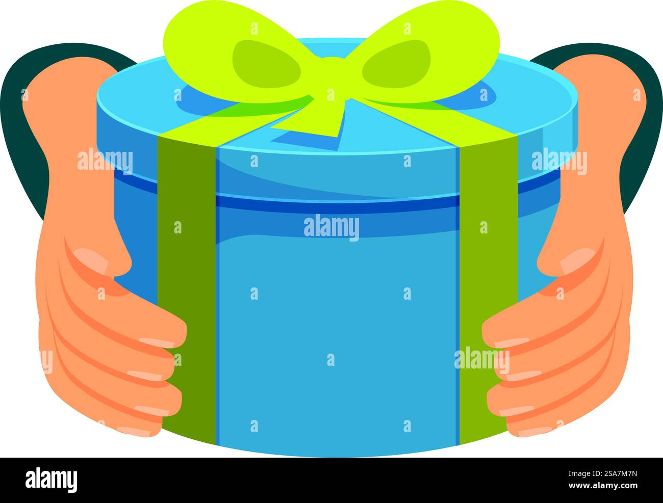 Die Person hält ein großes, rundes, blaues Geschenk mit einem grünen Band. Eine Person, die ein großes Geschenk mit einem grünen Band hält Stock Vektor