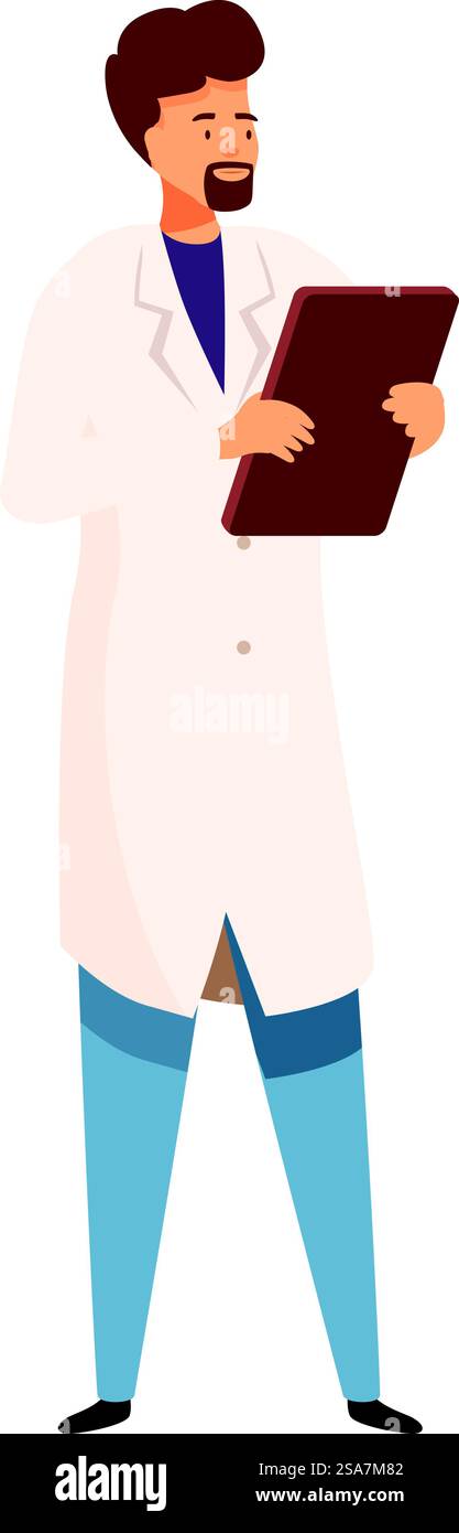 Ein Wissenschaftler in einem Laborkittel analysiert Daten auf einem Klemmbrett und zeigt so den Einsatz und die Präzision wissenschaftlicher Arbeit. Selbstbewusster Wissenschaftler mit Klemmbrett, der Forschung durchführt Stock Vektor
