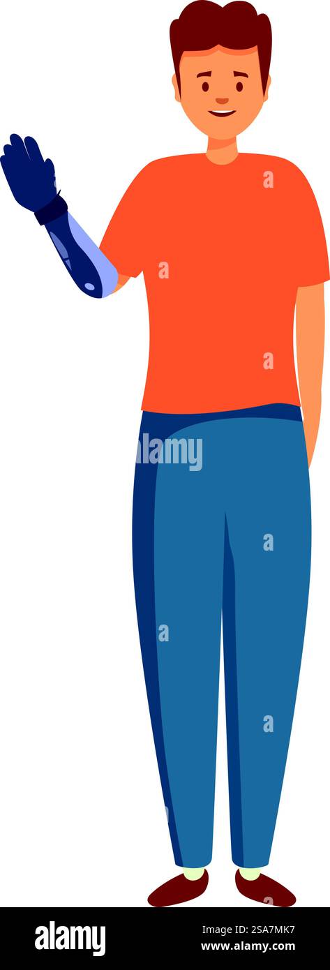 Ein junger Mann mit einer Armprothese winkt und lächelt. Junger Mann mit Armprothese, der winkt und lächelt Stock Vektor