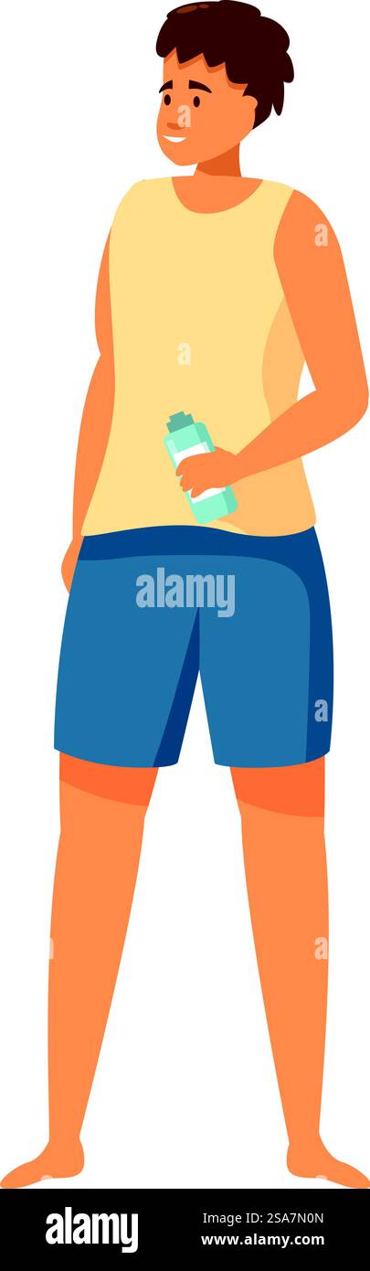 Ein junger sportlicher Mann hält eine Flasche Wasser in der Hand und genießt während des Workouts im Freien eine Pause. Ein junger Sportler, der eine Flasche Wasser hält, macht während des Trainings eine Pause Stock Vektor