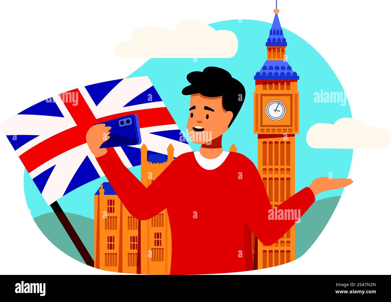 Junger Mann macht Selfie mit Smartphone vor Big ben und Houses of parliament. Glücklicher Tourist, der in london Selfie mit union Jack Flag und Big ben macht Stock Vektor
