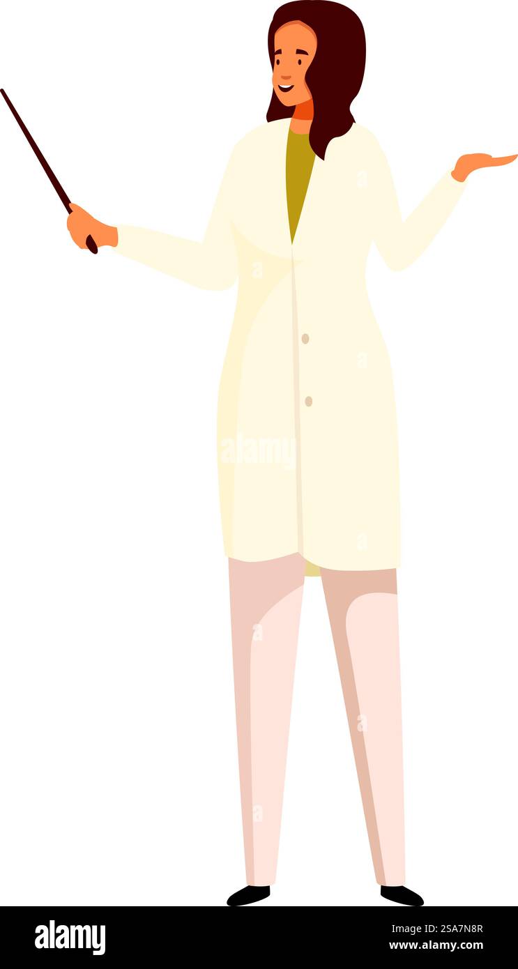Der Wissenschaftler steht und hält einen Zeigerstab, während er etwas erklärt. Eine Wissenschaftlerin erklärt etwas mit dem Zeigerstab Stock Vektor