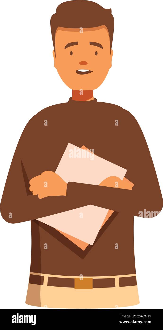 Der Cartoon-Mann hält ein paar Dokumente in der Hand und lächelt glücklich. Ein junger Mann, der Dokumente hält, ist eine lächelnde Zeichentrickfigur Stock Vektor