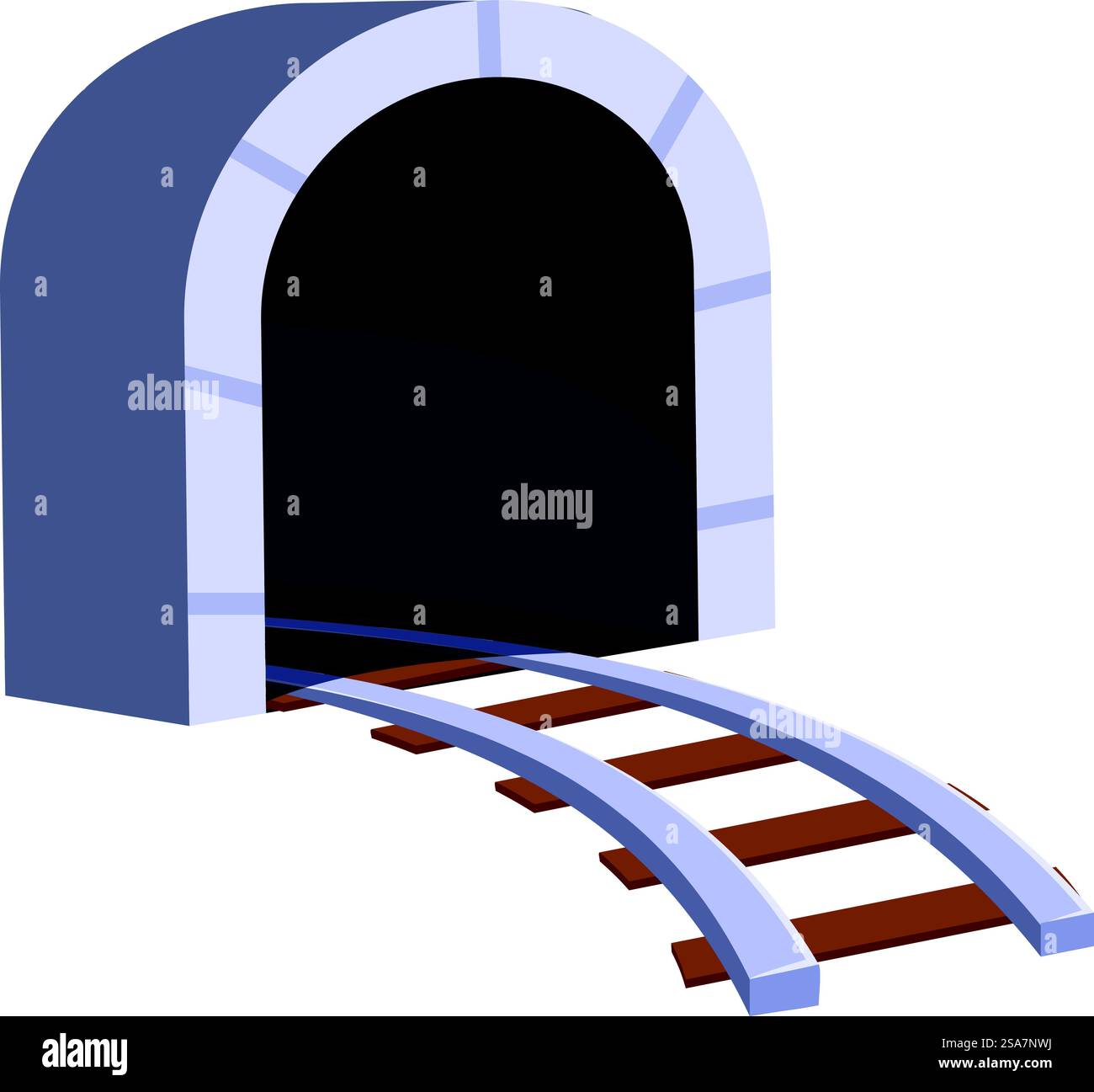 Cartoon-Eisenbahnstrecke verschwindet in einem dunklen Tunnel und ruft Rätsel und Abenteuer hervor. Ein leerer Eisenbahntunnel führt durch den Berg Stock Vektor