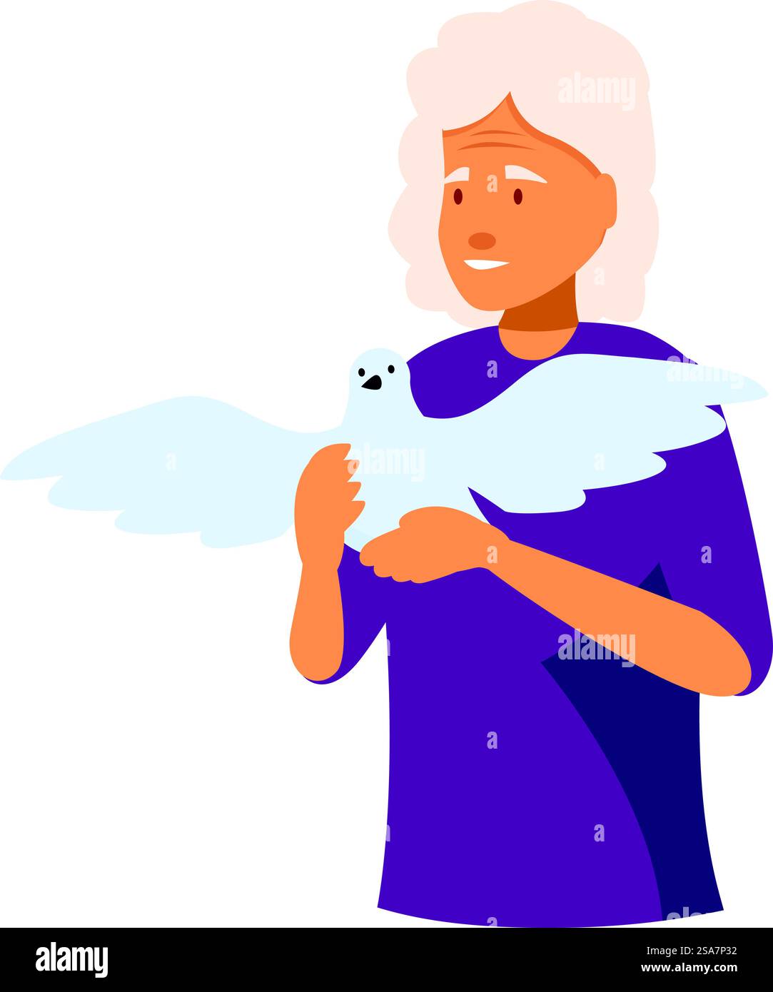 Eine ältere Frau hält eine weiße Taube, ein Symbol für Frieden und Hoffnung, die Harmonie und Freundlichkeit fördert. Ältere Frau mit einer weißen Taube, die Frieden und Hoffnung symbolisiert Stock Vektor