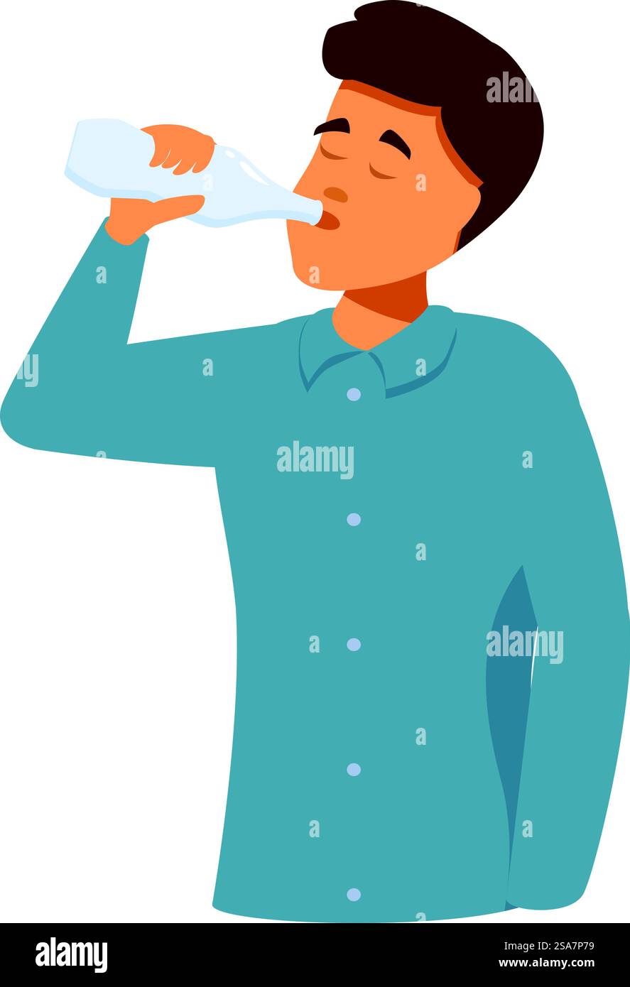 Ein junger Sportler stillt seinen Durst, indem er Wasser aus einer Flasche trinkt. Junger Mann trinkt frisches Wasser aus der Flasche nach dem Training Stock Vektor