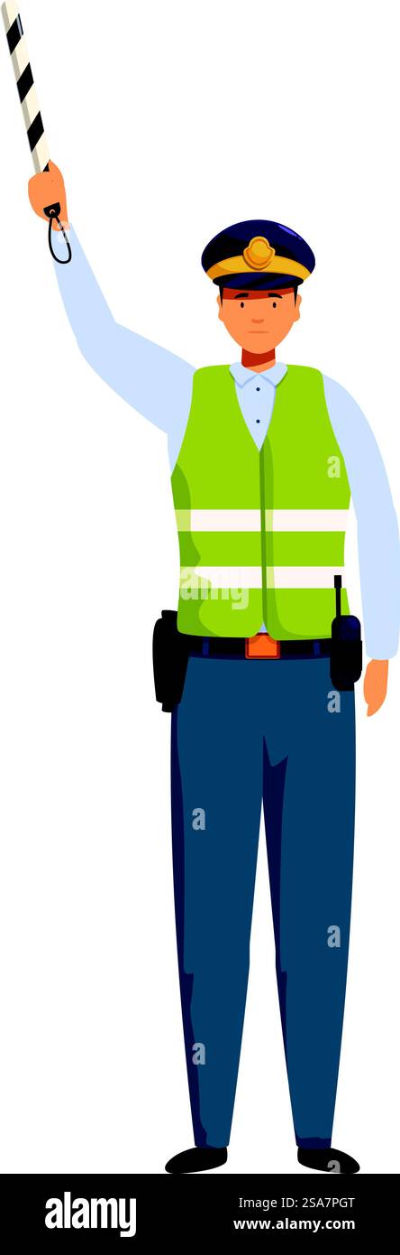 Die Verkehrsüberwachung steuert den Verkehrsfluss und gewährleistet die Sicherheit von Fußgängern und Fahrzeugen. Verkehrswache hält Stoppschild und sorgt für die Straßensicherheit Stock Vektor