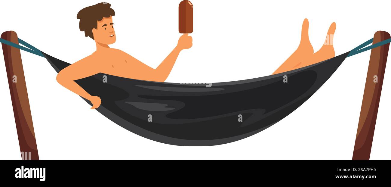 Der junge Mann genießt seinen Sommerurlaub, liegt in einer Hängematte und isst ein Eis. Junger Mann, der sich in der Hängematte entspannt und im Sommerurlaub Eis isst Stock Vektor